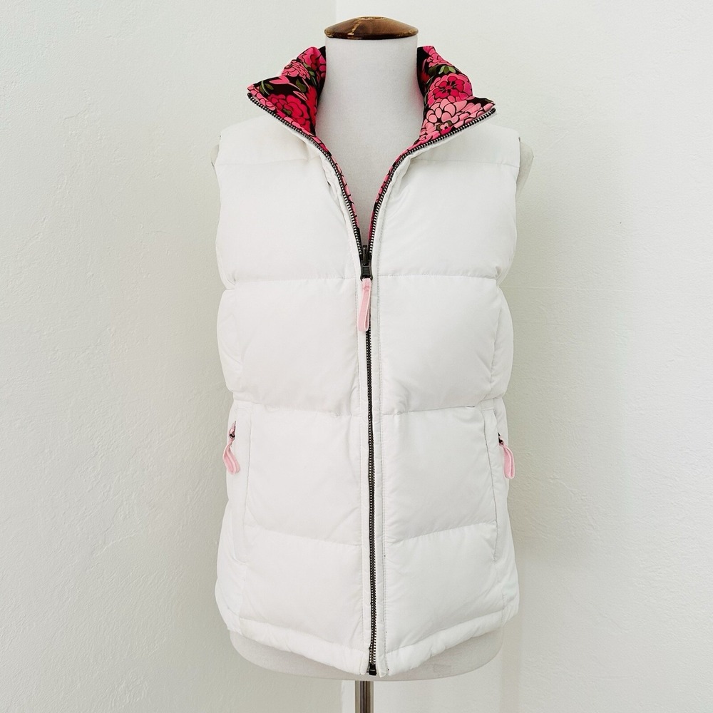 Lilly Pulitzer Down Puffer Vest Womens XS Reversible White Pink Floral Zip Front